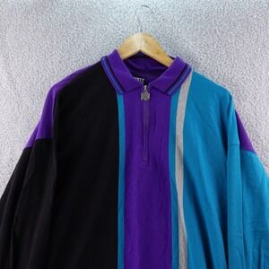 Vintage IOU 90s Color Block Long Sleeve Polo Shirt Men's L (2) Purple Blue Black